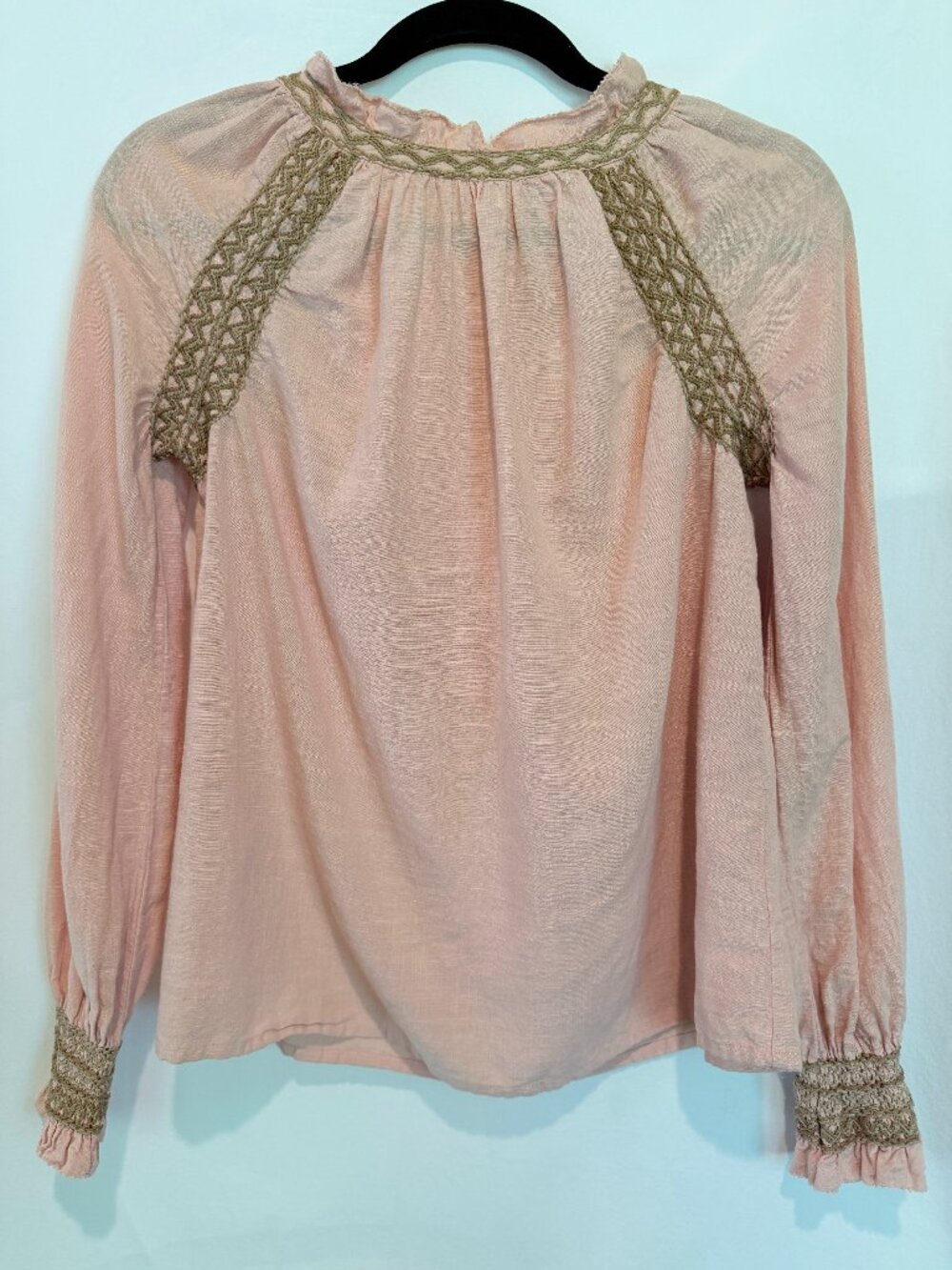 Faherty Pink Blouson Top with Crochet Trim